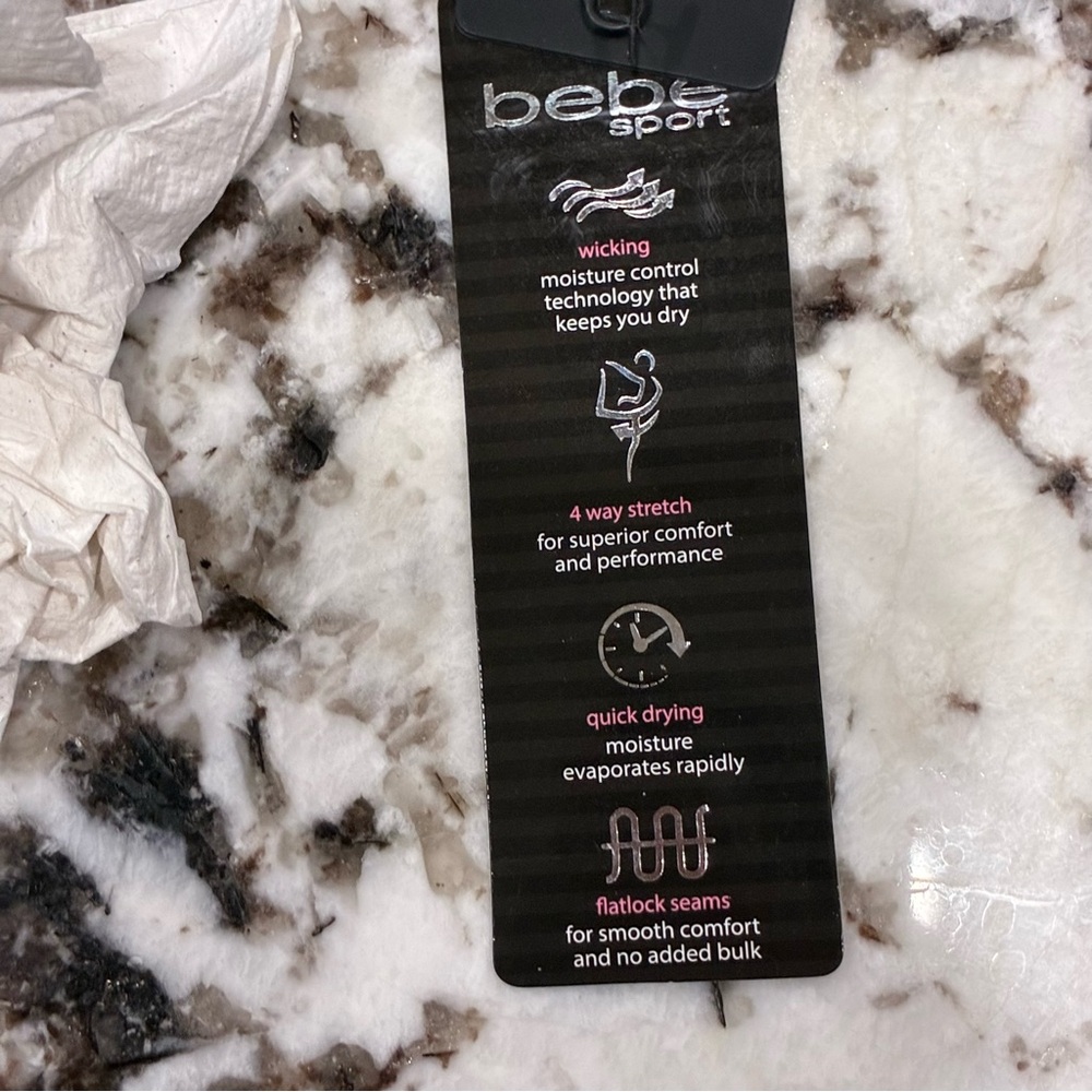 NWT “Bebe Sport” Black with Rose Gold Metallic Laser Cut Logo Legging Size: M - Picture 9 of 11